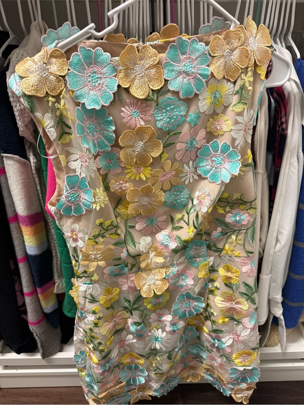 Elliatt Beige Mini Dress with Gold, Aqua, Pink & Green Floral Embroidery